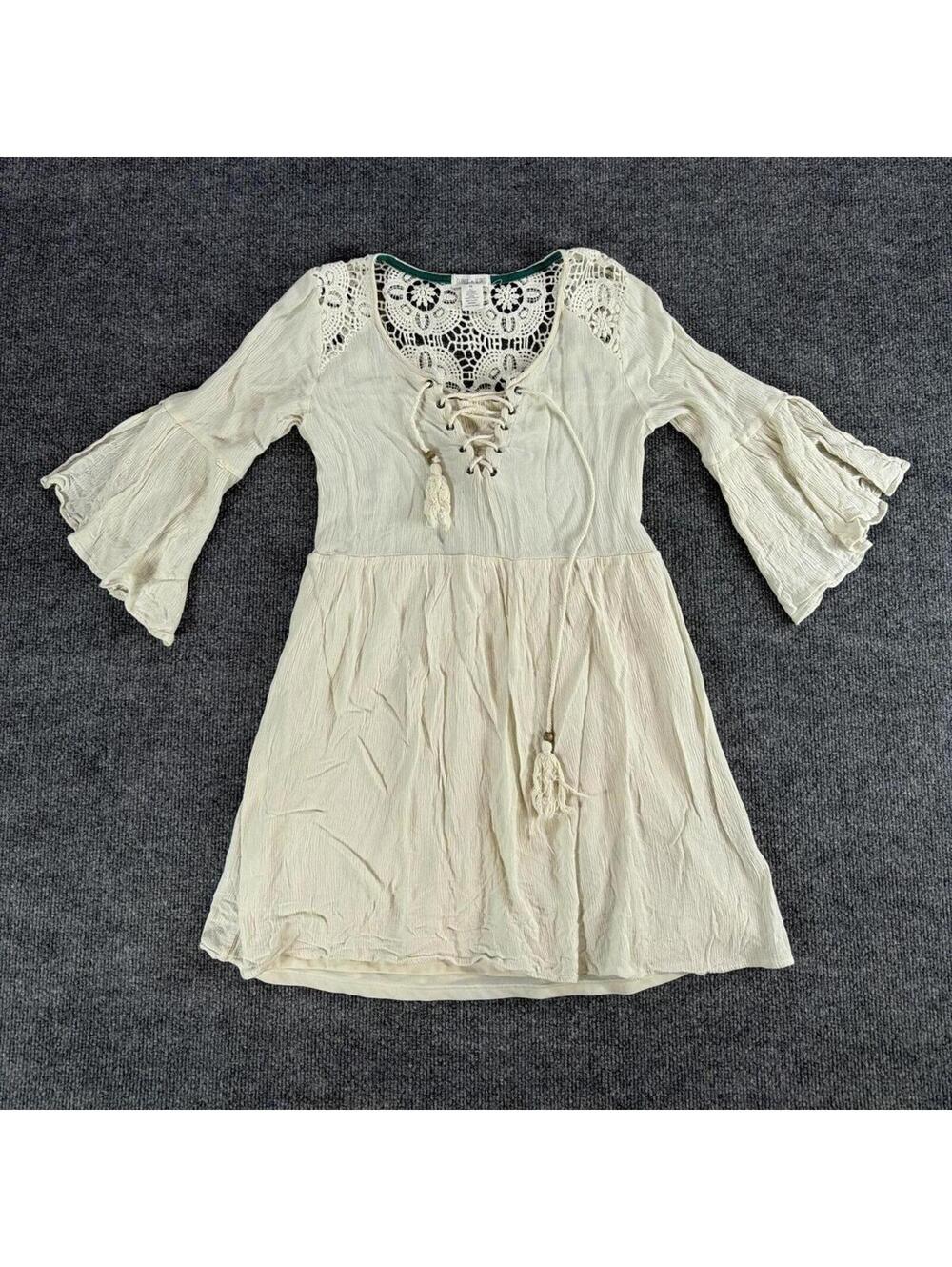 CLOVER + SCOUT Cream Lace-Up Bell Sleeve Dress XS - Coquette, Boho, Cottage